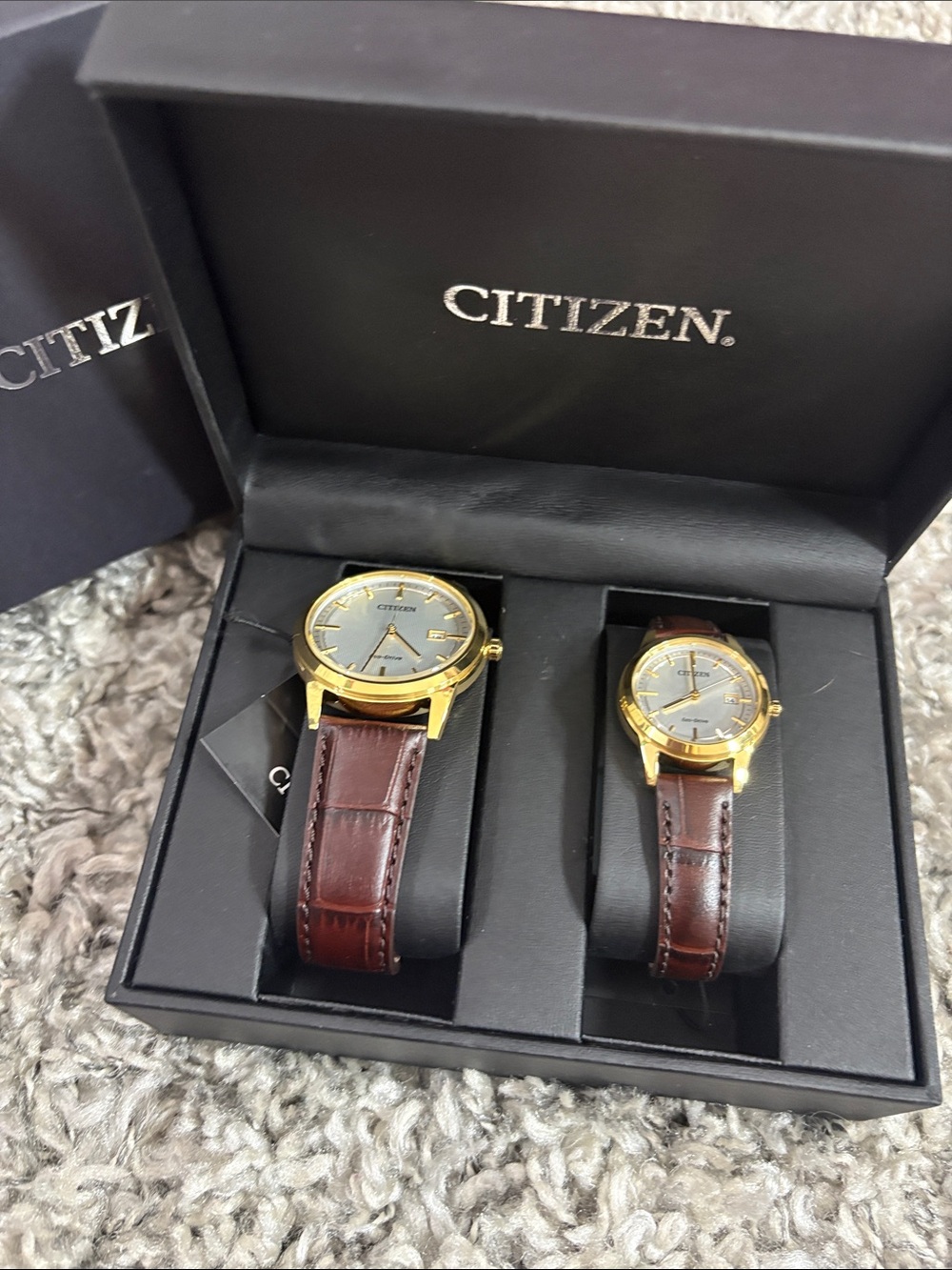 Citizen His and hers Gold-Tone Case Brown Leather Strap Pair eco Watch Set $448